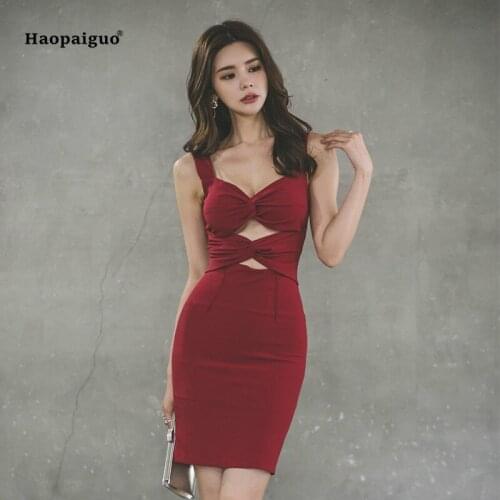Plus Size Pencil Dress Summer Women Red Sleeveless Spaghetti Strap V-neck Hollow Out Casual Sexy Club Dress Party Mini Dresses