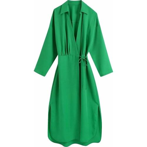 Xikom 2021 New Summer Women Vintage Green Simplicity Dress long Sleeve Loose Female Streetwear Casual V Neck Midi Dresses