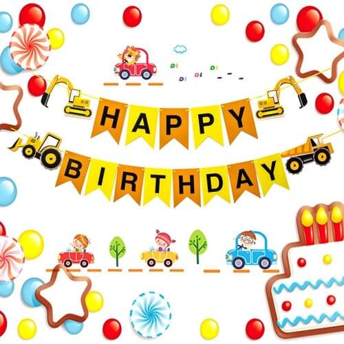 1set Vehicle Happy Birthday Banner Excavator Bulldozer Truck Paper String Flags