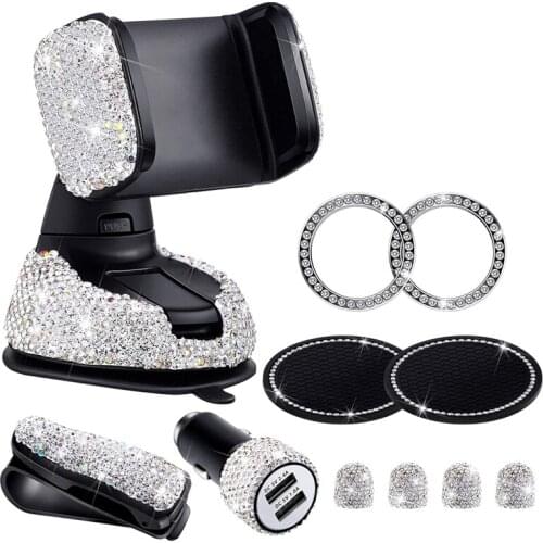 11PCS Car Phone Mount Bling Crystal Phone Holder Tire Valve Stem Caps Car Headrest Collars Rings Dual USB Car Charger