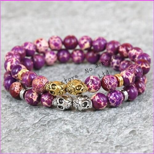 2pcs 2017 new fashion 8mm beads bracelet gold/silver color skull head purple regalite Lava stone beads mens bracelet