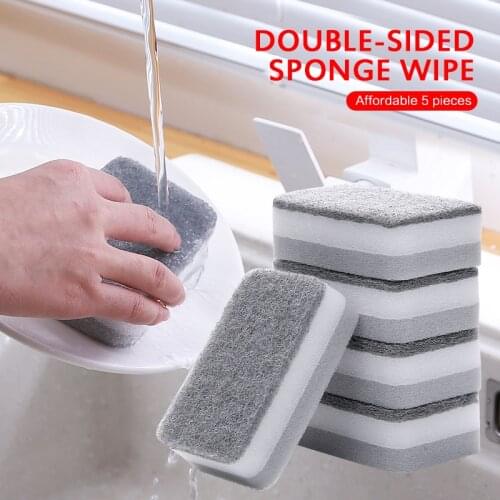 5pcs Household Double-sided Sponge Wipe Strong Decontamination Dish Cloth To Remove Stains Kitchen Cleaning Supplies
