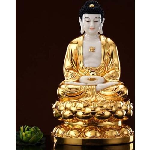 Buddhism figure gilding jade Amitabha Sakyamuni Buddha statue Asia family protection bless safe health Propitious Prosperity