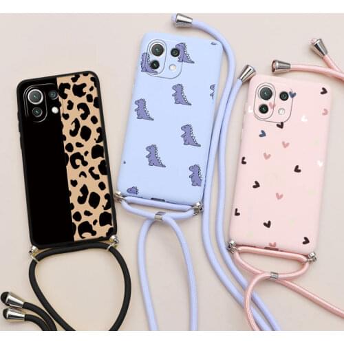 For Xiaomi Mi 11 Lite Case Cute Dinosaur Necklace Lanyard Rope Fundas Soft Cover For Xiaomi Mi 11 Mi11 Ultra Pro 11i Bumper Bags