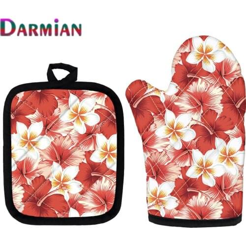 DARMIAN 2Pcs Oven Mitt And Pot Holder Red Hibiscus Plumeria Pattern Microwave Baking Gloves Potholders Oven Mitts Kitchen Tool