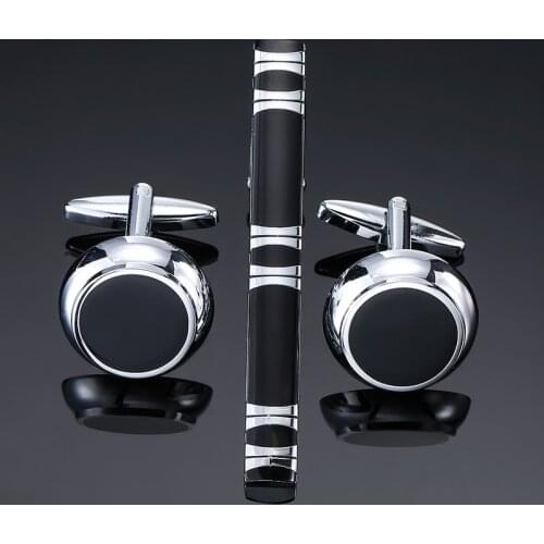 DY The new high quality brass plated Silvery Round Black Enamel Cufflinks tie clip set men dress jewelry free shipping
