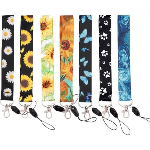 ER843 Sunflowers Dog Paw Print Monarch Butterfly Painting Art Key Chain Lanyard Neck Strap For Phone Keys ID Card Short Lanyards