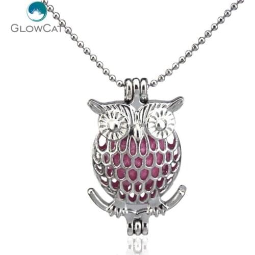 K17 Silver Hollow Animal Owl Diffuser Locket Necklace Aromatherapy Steel 16" Aroma Essential Oil Diffuser Locket