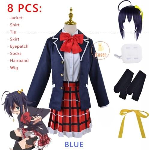 Anime Love Chunibyo Uniform Chuunibyou demo Koi ga Shitai Rikka Takanashi Cosplay Costume Eye Patch Short Dark Purple Black Wig