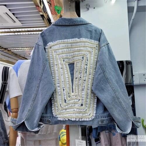 2021 Autumn New Patchwork Beading Denim Jacket Female Loose Korean Retro Distressed Frayed Jean Tops Coat Streetwear for Women