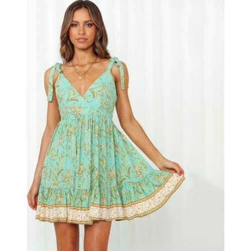 Summer Dress Woman V-Neck Strap Print Pleated Backless Dress For Women Clothing Boho Floral Ruffle Stitching Vestido De Mujer