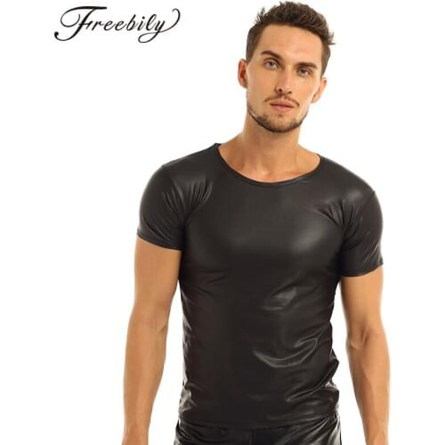 Faux Leather Short Sleeve T Shirts Men Sexy Fitness Tops Gay Latex T-shirt Undershirt Mens stage Tops Tees Sexy Party Clubwear