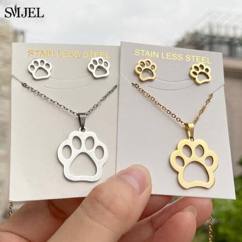Stainless Steel Paw Necklace Earring for Women Simple Hollow Dog Paw Jewelry Sets Cute Cat Pendant Nekclaces 2021 Birthday Gift