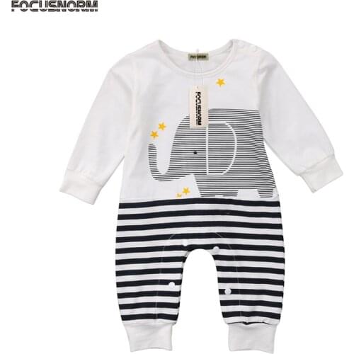 2017 New Casual Newborn Kids Baby Girls Boy Clothes Elephant Striped Romper Jumpsuit Outfits Clothes