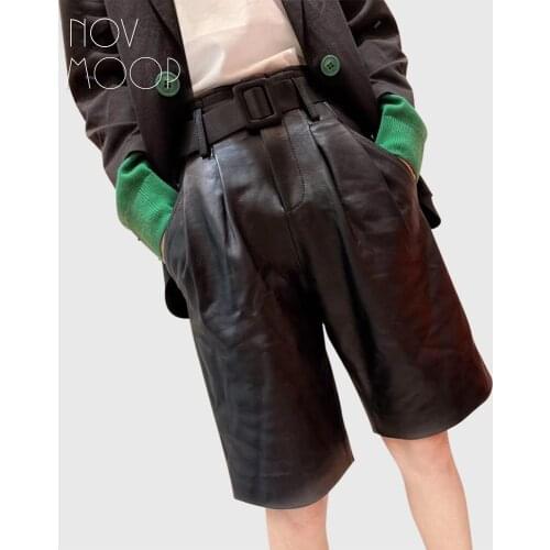 Novmoop women fashion style summer women black sheepskin genuine leather knee-length pants with sashes pantalones LT3038