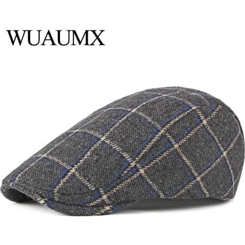 Wuaumx Autumn Winter Berets Hat Men Newsboy Caps Women Retro Artist Painter Visors Mens Beret Cap Plaid Herringbone Flat Caps