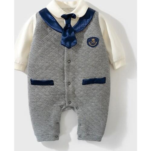 Baby Boys Autumn Rompers Toddler Newborn Infant Boys Plaid Cotton Gentleman Style Jumpsuits Overalls Clothes with Tie 0-2Y