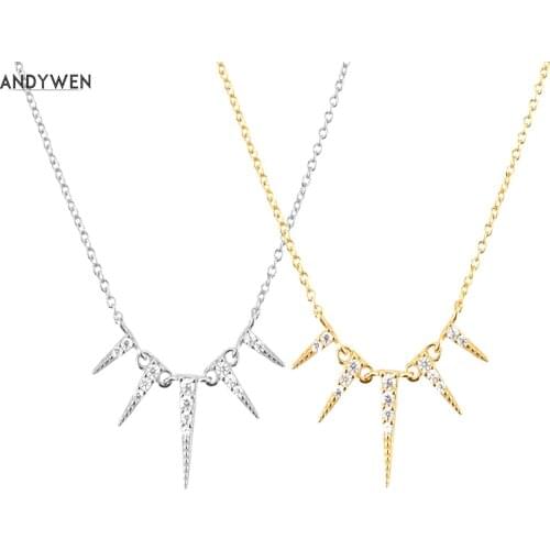 ANDYWEN 925 Sterling Silver Gold Spike Pendant Long Chain Necklace Wedding Party Necklace 2020 Rock Punk Fine Jewelry 2020