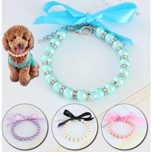 Pet Dog Pearls Necklace Collar Ribbon Bow Tie Jewelry with Bling Rhinestones Puppy Female Dogs Pets Cat Wedding Collar Jewelry