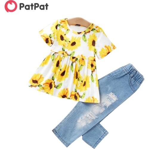 PatPat 2021 New Summer 2-piece Baby / Toddler Girl Sunflower Print Dress And Denim Pants Set