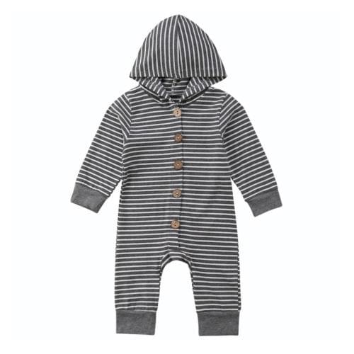 Casual Newborn Baby Boy Girl Kids Striped Button Romper Jumpsuit Hooded Clothes Outfit