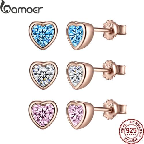 BAMOER 925 Sterling Silver One Love Stud Earrings with Clear CZ Female Brincos for Woman Fine Jewelry PAS452