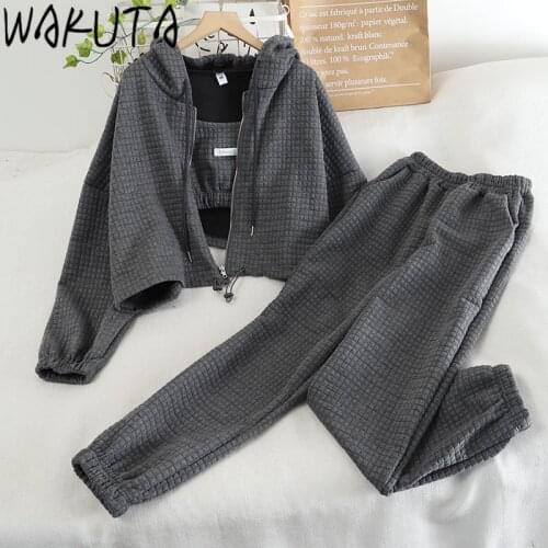 WAKUTA Casual Long Sleeve Zipper Hooded Hoodies Base Cmais High Waist Pants 3 Pcs Set Women 2021 Spring Fall Street Sports Suits