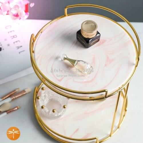 Nordic Gold-plated Iron Art Double-layers Cosmetics Organizer Creative Dressing Table Desktop Storage Rack Ceramic+Metal Pink