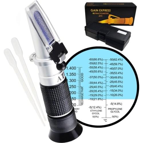Tri-scale 3-in-1 Automotive Refractometer Antifreeze Battery -60~0degC Ethylene/-50~0degC Propylene/1.100-1.400 Battery Fluids