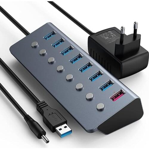 USB 3.0 HUB 8 Ports USB Extension On/Off Switches 15W Adapter Support Splitter For iPad MacBook Pro Computer With Power Adapter