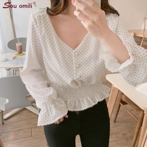 Vintage V-neck Flare Sleeve Polka Dot Women Blouse Shirts Elegant Front Buttons Slim Waist Ruffles Female Blouse Blusas 2020