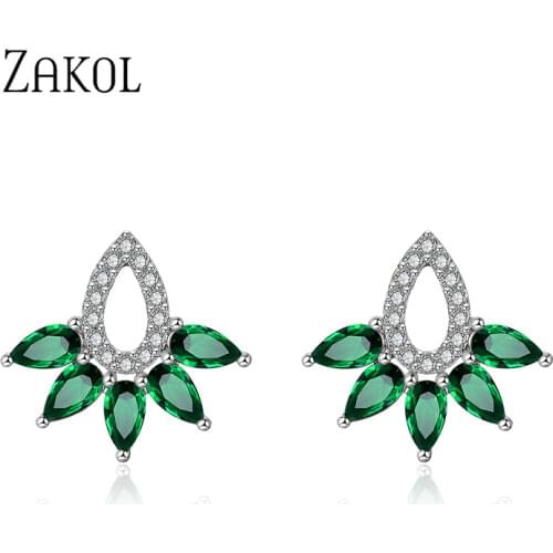 ZAKOL Fashion White Green Marquise Cut Crystal Stone Stud Earrings For Women Trendy Zirconia Leaf Bridal Wedding Jewelry FSEP380