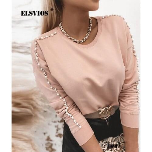 Women Casual Knitting Tops Beaded Pearls Sequins Button Solid Blouse Spring 2021 New O Neck Long Sleeve Ladies Elegant Blouses
