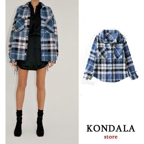Za Women 2021 Fashion Streetwear Woolen blue Plaid Shirt Jacket Winter Thick Warm Coat