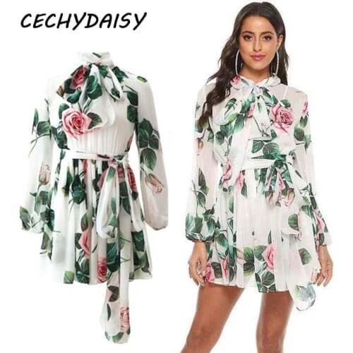 Runway dress rose flower print floral lace up bow collar lantern sleeve chiffon thin beach party dresses for women robe vestidos