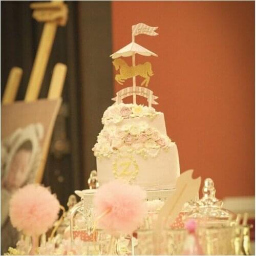 1set Pink Blue Golden Merry-go-round Carousel Cake Flags Baby Boy Girl Birthday Party Decoration Cake Decoration Baking Supply