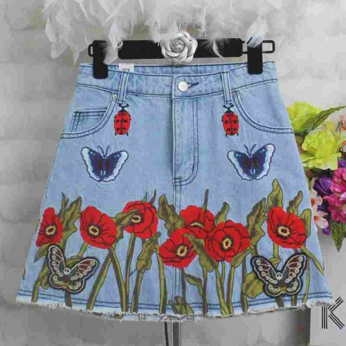 2019 womens denim skirt with embroidered floral skirt