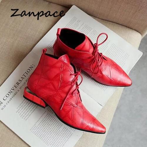 Zanpace Women Boots Fashion Ankle Boots for Women Pointed Toe Lace-Up Womens Shoes Low Heel Leather Boots Casual Black Red Boots
