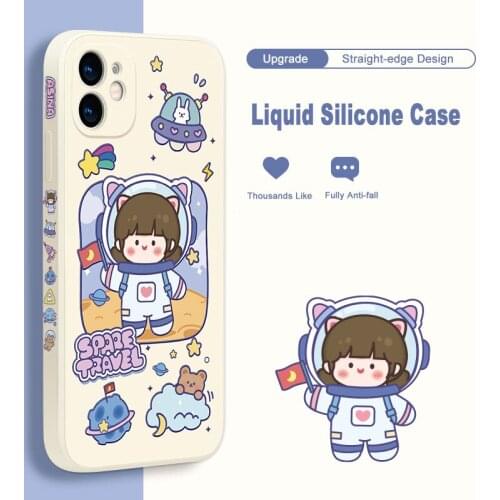 ASINA Straight-sided Edge Case For iPhone 11 12 Pro Max XS Max XR X 6 7 8 Plus SE2 Soft Silicone Square Cartoon Cover Space Girl