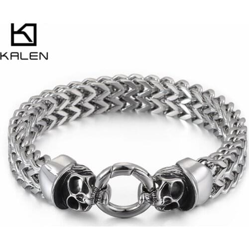 KALEN Punk 316 Stainless Steel Skull Charm Bracelet 23cm Mens High Polished Shiny Mesh Link Chain Bracelet Homme Jewelry