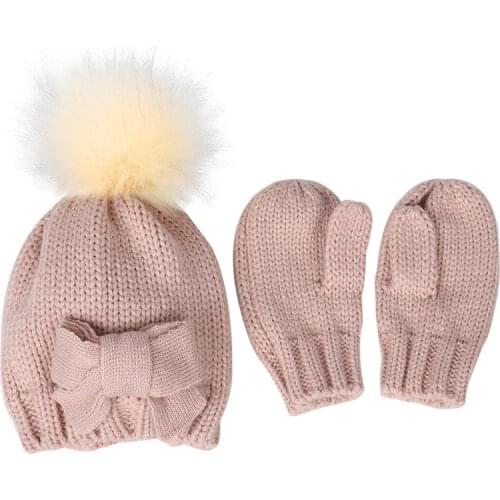 Multi-Piece Set Children Cold-Proof Warm Gloves Cap Autumn Winter Boys Girls Ear Protection Cute Bow Warm Knitted Beanie Hat B96