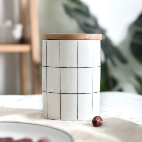 Ktchen Storage Container Nordic Style Wooden Cover Combination Set For Household Use Ins Round Ceramic Plaid Large Sealed