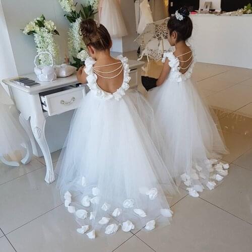 Lace Flower Girl Dresses For Wedding Birthday Pageant Short Sleeve Cut Out Back Lace Up Ruffle Tulle Ball Gown