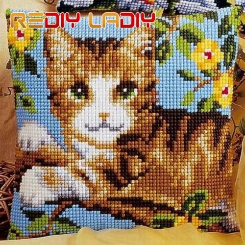 LADIY Cross Stitch Pillow Cover KITTENS Cushions for Sofas Home Decorative Pillow Case Printed DMC Cross-Stitch Cu
