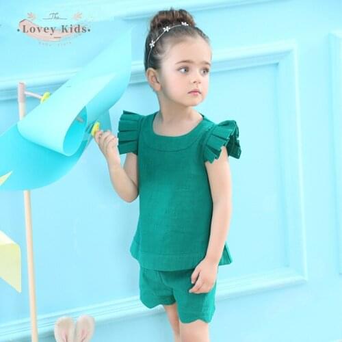 2020 Summer Baby Girl Outfit Fashion 2pcs Set Ruffle Short Sleeve O Neck Tops Solid Pants Trousers Green Pink Costume Clothing
