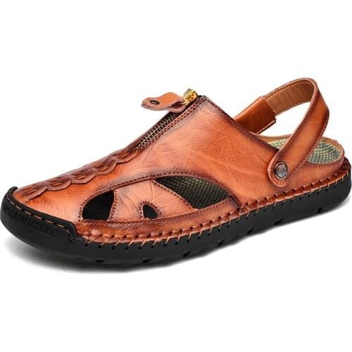 Summer Outdoor Beach Walking Mens Slipper Men Gladiator Leather Mules Sandals Non-slip Flat Soft Bottom Male Sandals Size 38-48