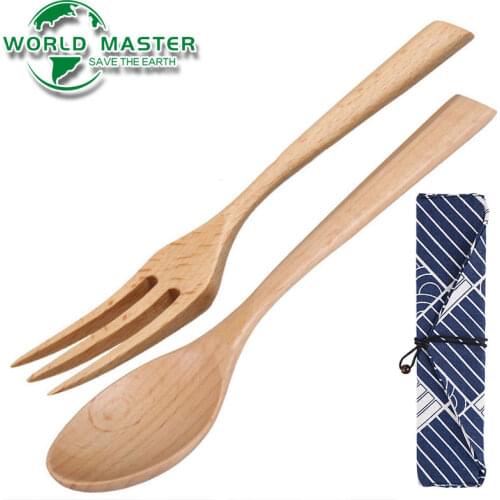 World Master Creative Eco-Friendly Solid Wooden Jujube Wood Spoon Fork Portable Flatware Set