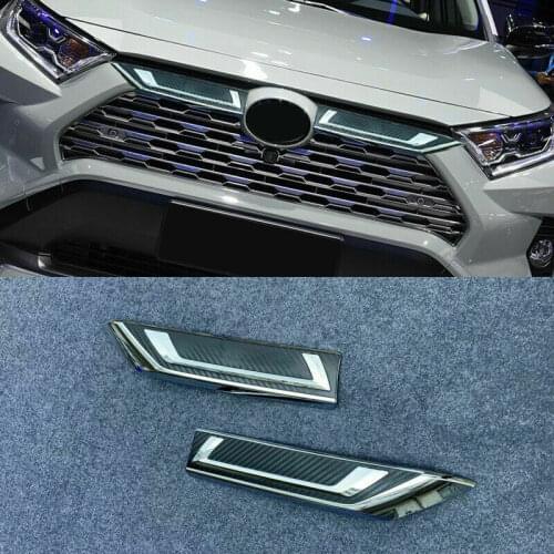 For Toyota Rav4 2019 2020 Carbon Fiber & Chrome Front Grille Cover Trim 2pcs