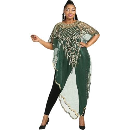 2021 New African Womens Dashiki Fashion Abaya Stylish KWA Net Yarn Sequins Embroidery Loose Long Dress Free Size Length 140 CM