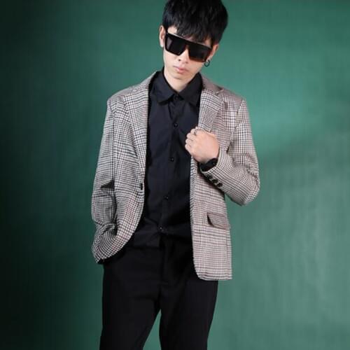 New Mens Retro houndstooth visual suits personality tide male casual small suit Men plaid Slim Blazer Plus Size jacket